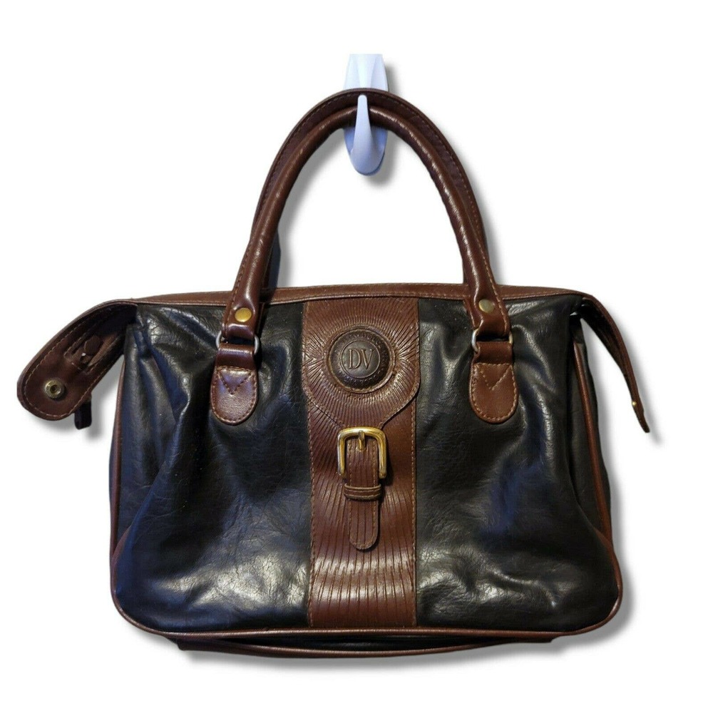 Vintage All Weather black tan Leather Satchel bag purse top Handle expandable